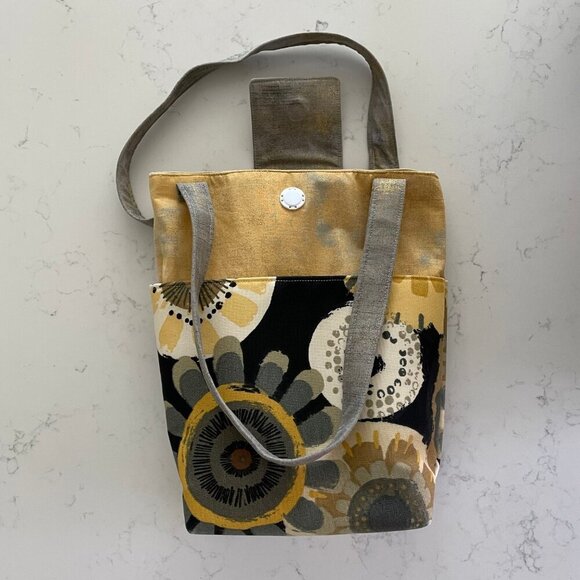 Hand Crafted Fabric Abstract Floral Print Tote Bag w Pockets Yellow Grey Blk - Picture 7 of 12